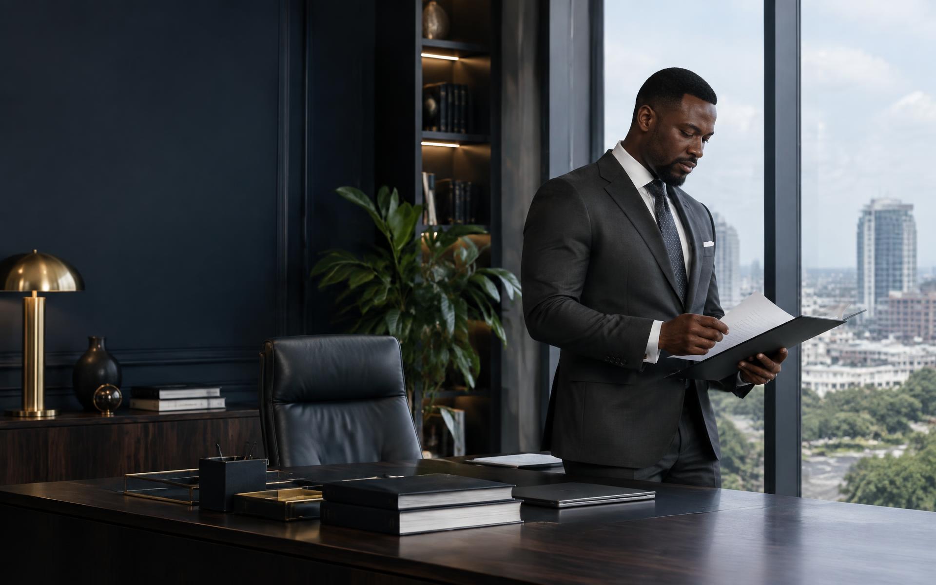 Nigerian legal practitioner reviewing a case file in a contemporary office